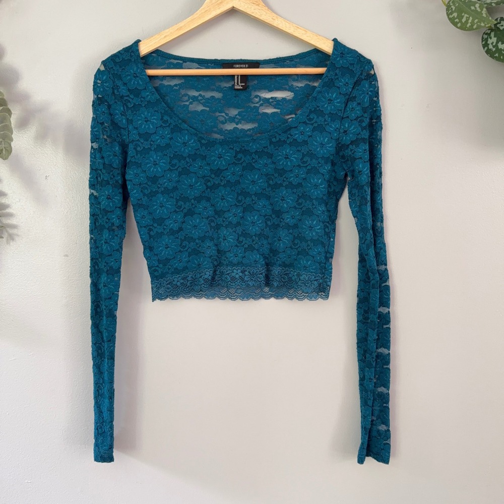 Forever 21 Teal Crop Top Floral Lace Festival Fairy Long Sleeve Scoop Neck Sheer